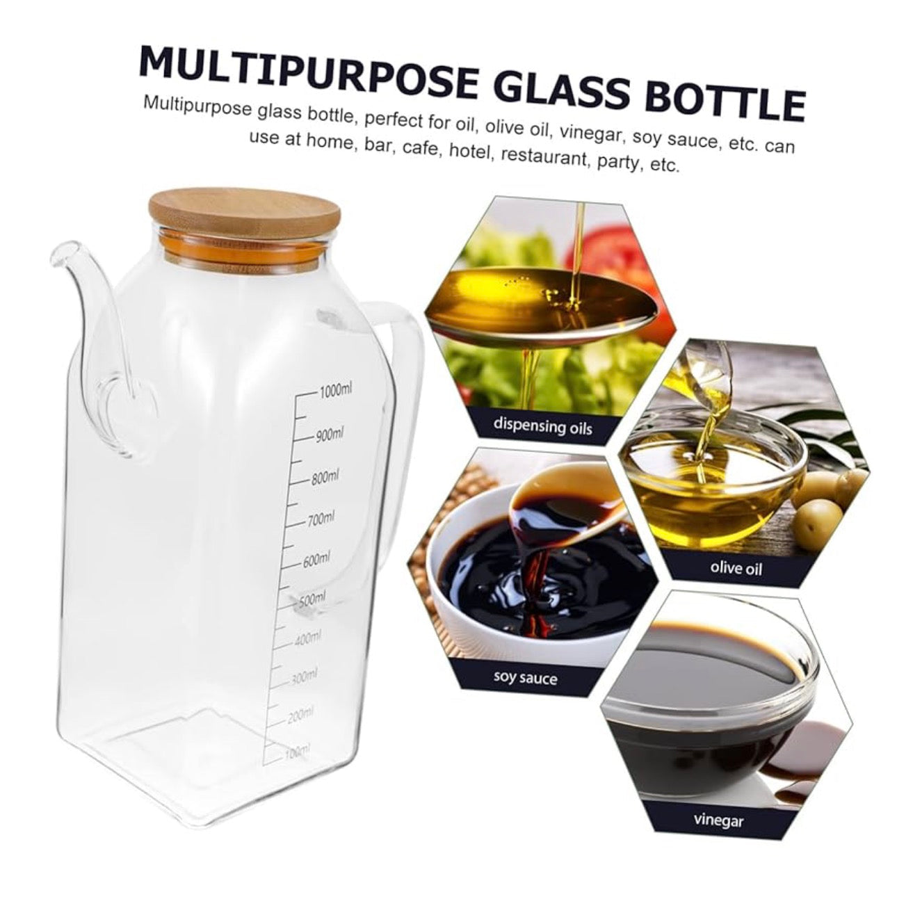 Luxury Glass Oil Dispenser with Wooden Lid – 1000ml (33.8oz) Premium Kitchen Container