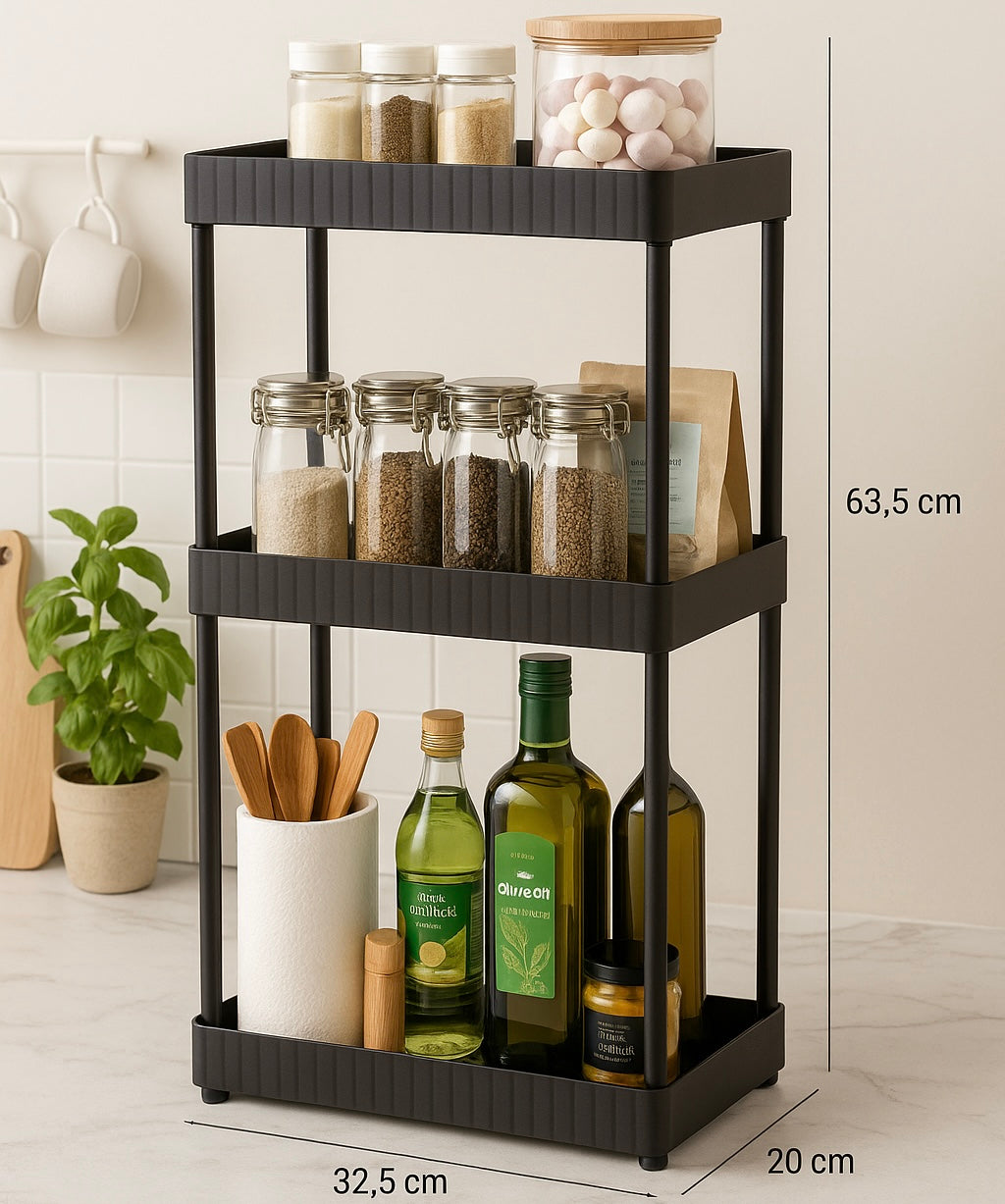 Premium 3-Tier Sliding Kitchen Storage Rack – Black Metal Organizer
