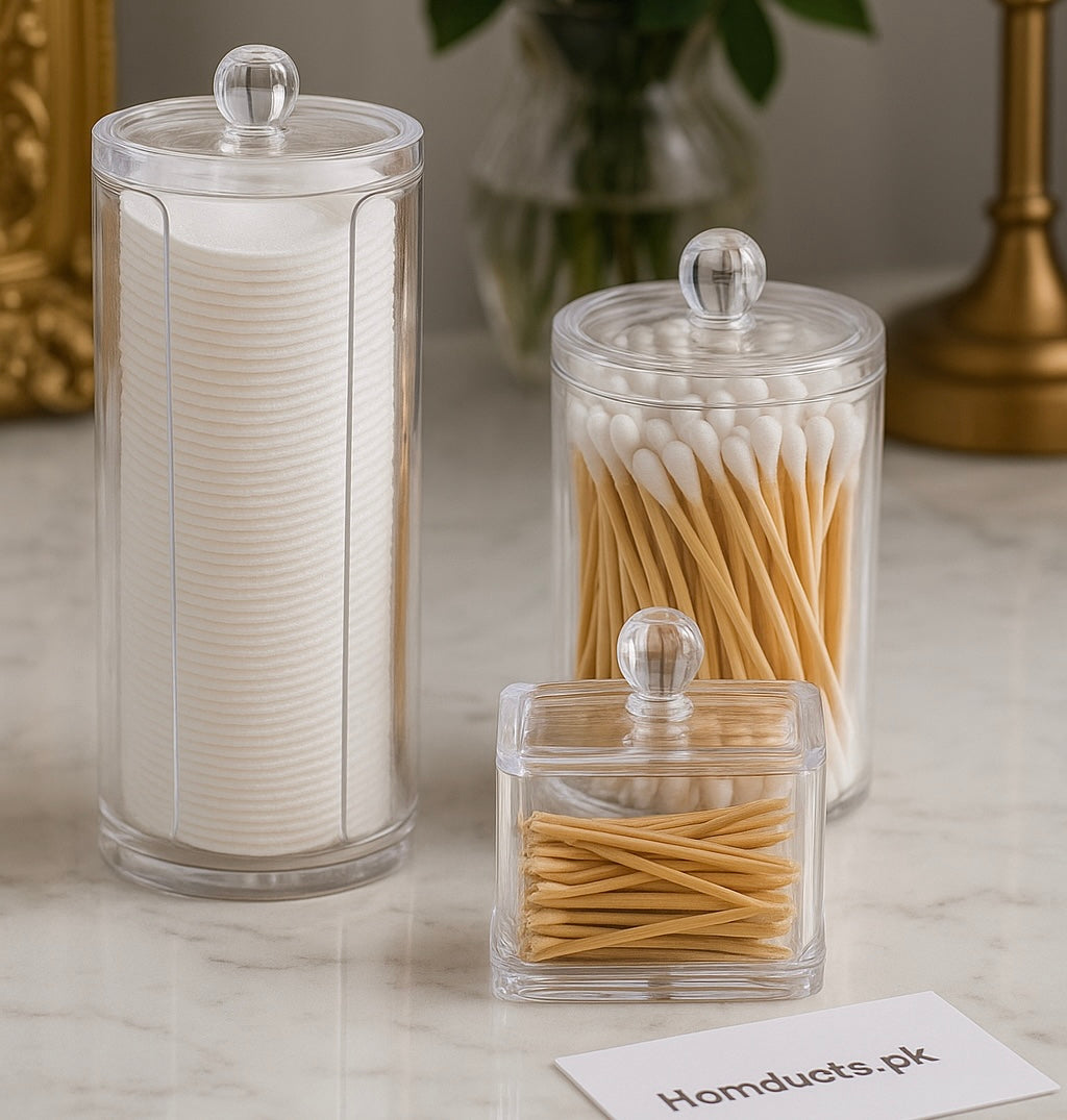 3-in-1 Transparent Acrylic Storage Jar Set – Cotton Pad, Earbuds & Toothpick Organizer for Bathroom & Vanity