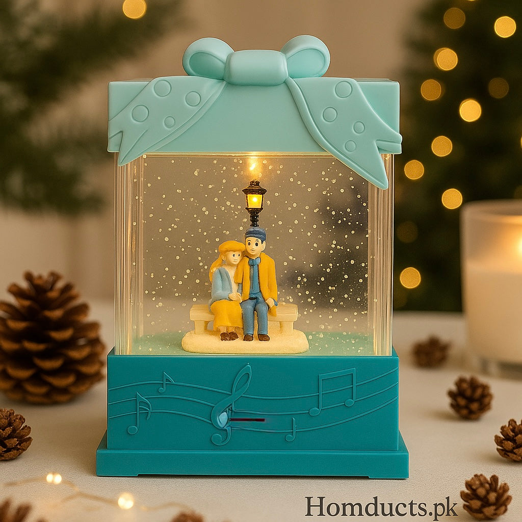 Romantic Winter Gift Music Box – Snow Globe Lamp with Couple Figurine & Warm Light