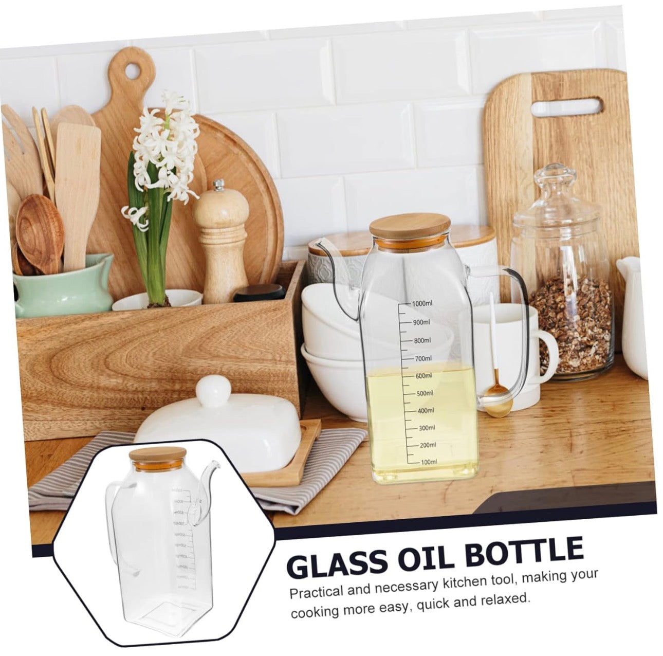 Luxury Glass Oil Dispenser with Wooden Lid – 1000ml (33.8oz) Premium Kitchen Container
