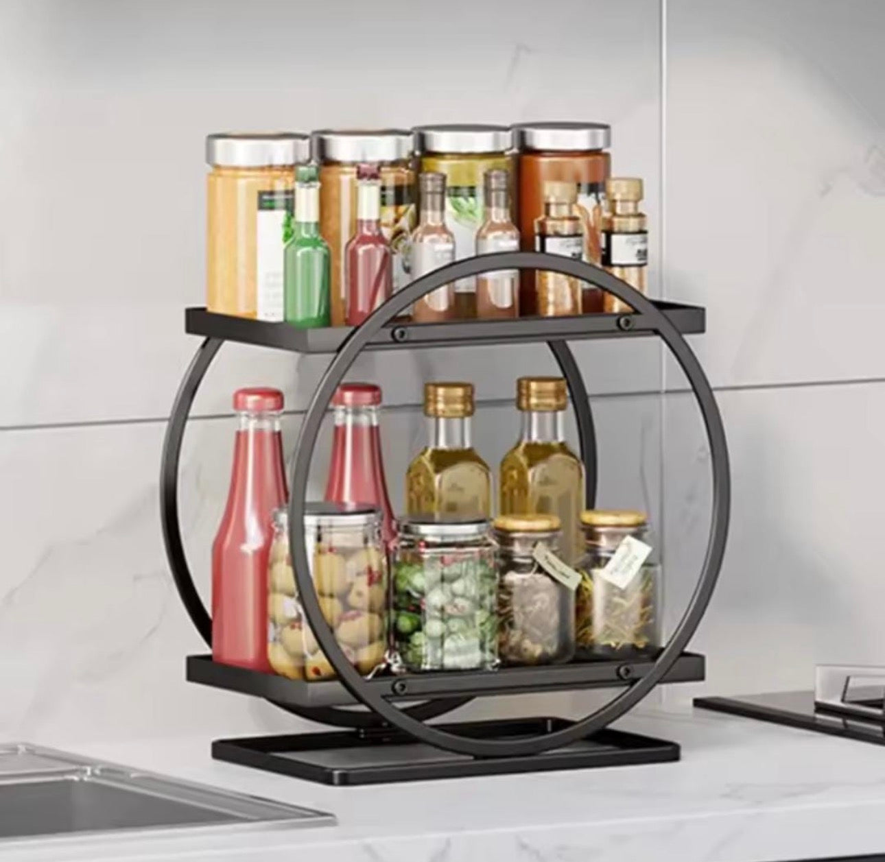 Luxury 2-Tier Round Spice & Condiment Rack – Black Metal Kitchen Organizer Stand