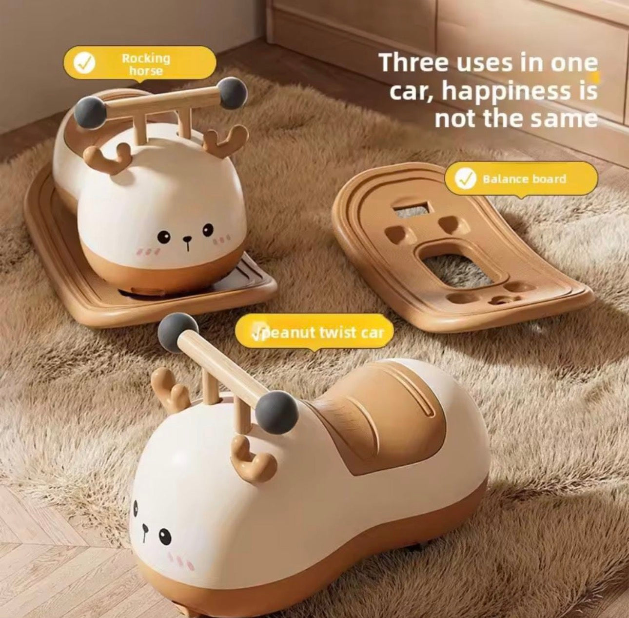 3-in-1 Baby Deer Ride-On Car, Rocking Horse & Balance Board – Multifunctional Kids Twist Toy