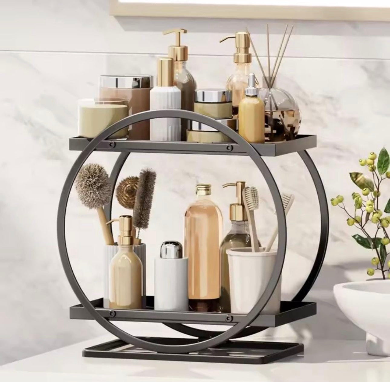 Luxury 2-Tier Round Spice & Condiment Rack – Black Metal Kitchen Organizer Stand