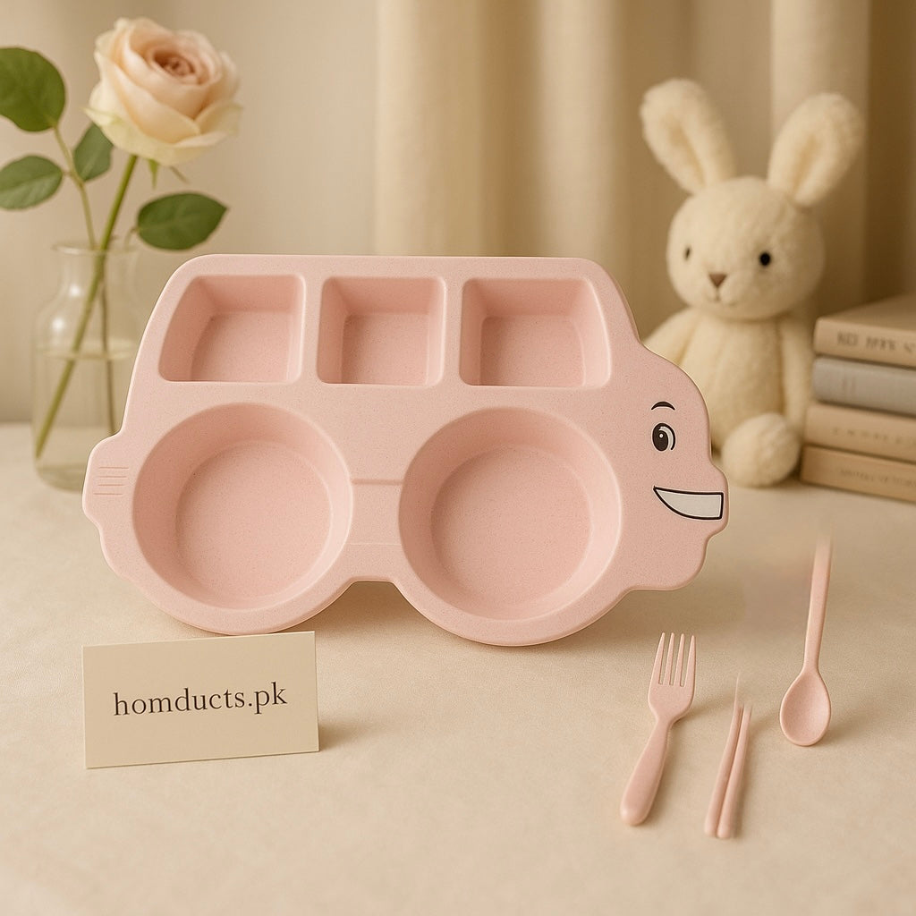 Luxury Kids Bus-Shaped Dinner Plate Set with Spoon, Fork & Chopsticks – Pink