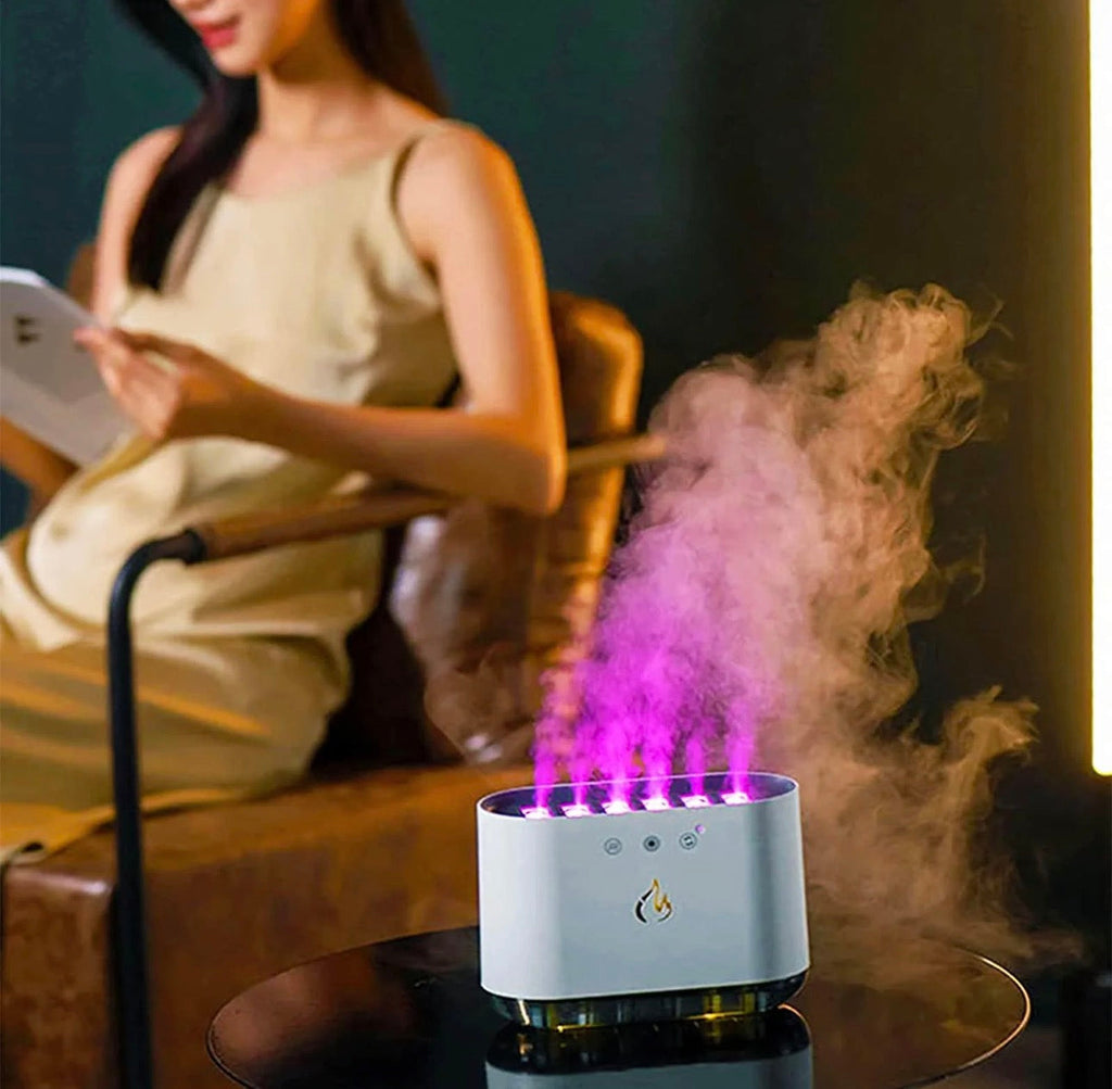 Dynamic Flame Humidifier – 900mL LED Mist Diffuser with 6-Speed Spray & Colorful Flame Light