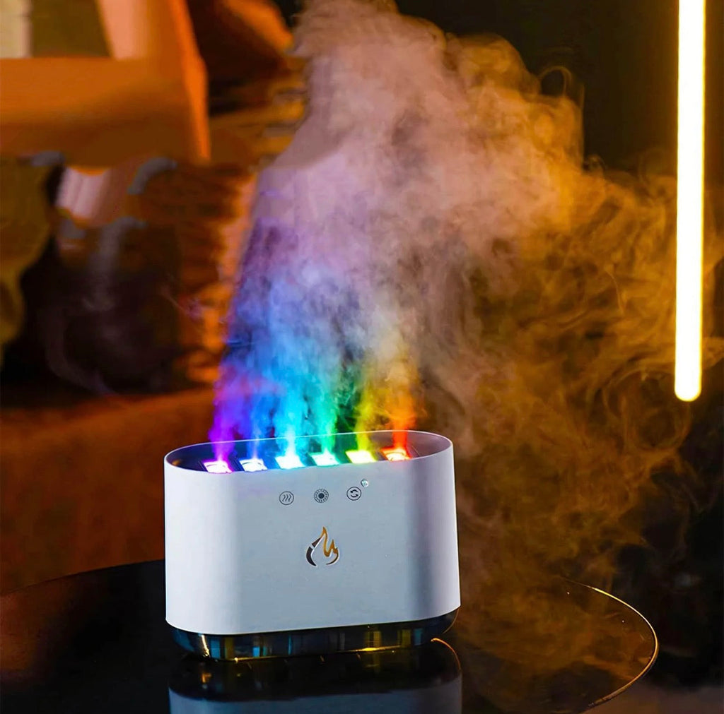 Dynamic Flame Humidifier – 900mL LED Mist Diffuser with 6-Speed Spray & Colorful Flame Light