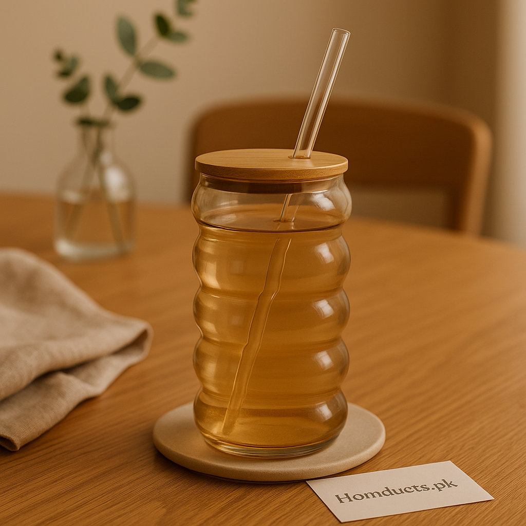 HoneyWave Glass Tumbler with Bamboo Lid & Glass Straw – Premium Ripple Design