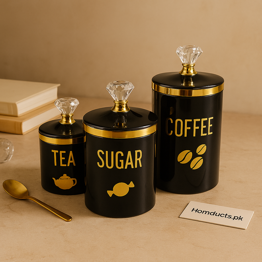 Luxury Black & Gold Tea Sugar Coffee Canister Set – Premium Plastic Kitchen Storage Jars (3-Piece Set)