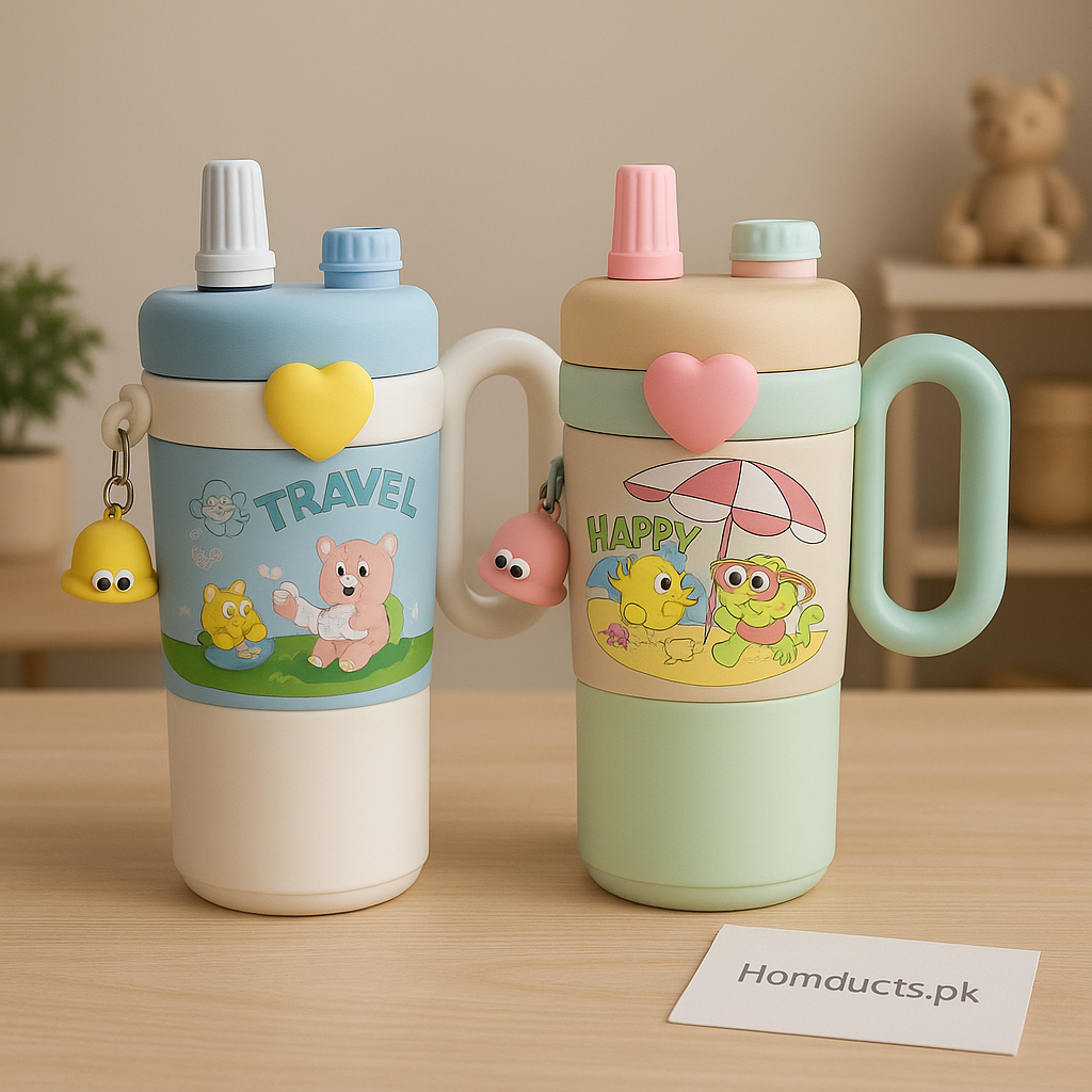 Kawaii Kids Double-Handle Travel Tumbler – Cute Cartoon Bottle with Straw & Charm (500ml)