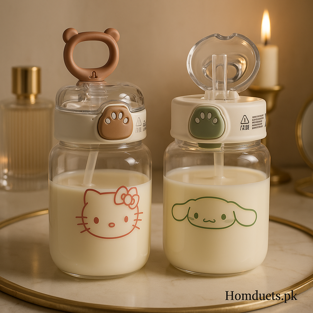 Cute Cartoon Kids Straw Bottle – Leak-Proof Milk & Water Sipper with Flip Lid (Hello Kitty & Cinnamoroll Design) – Homducts.pk