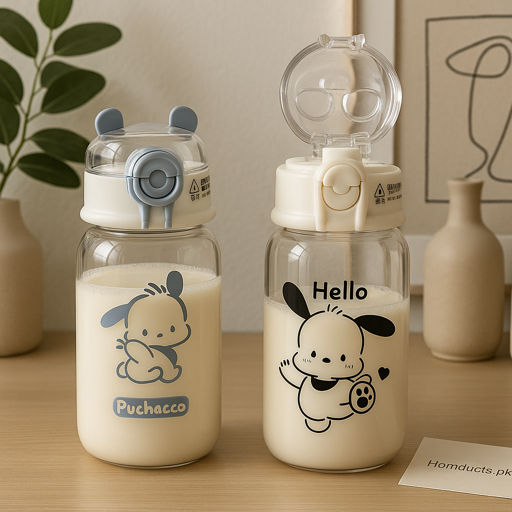 Cute Cartoon Kids Straw Bottle – Leak-Proof Milk & Water Sipper with Flip Lid (Hello Kitty & Cinnamoroll Design) – Homducts.pk
