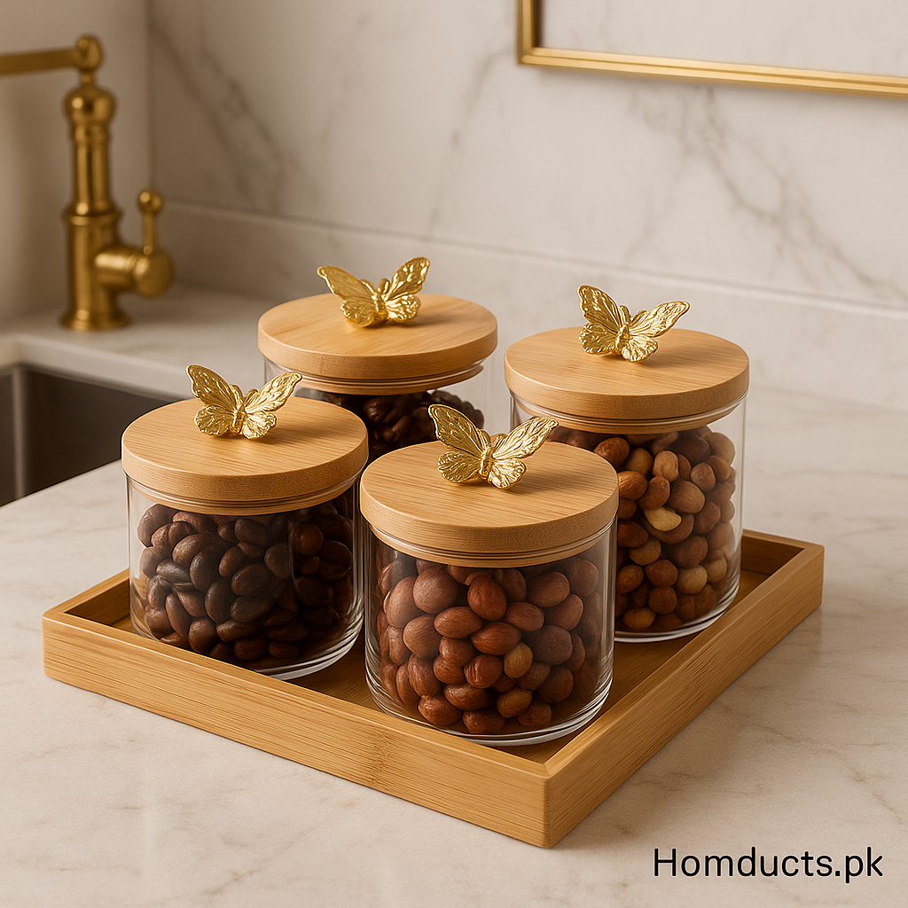 Golden Butterfly Lid Glass Jar Set with Wooden Tray – Premium Storage Containers (Set of 4)