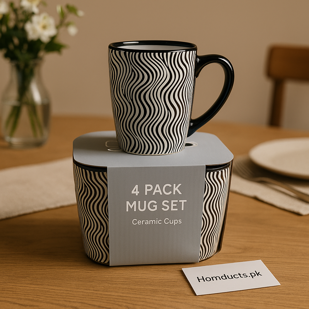 Premium Black & White Ceramic Mug Set – 4pcs Stylish Wave Pattern Tea & Coffee Cups