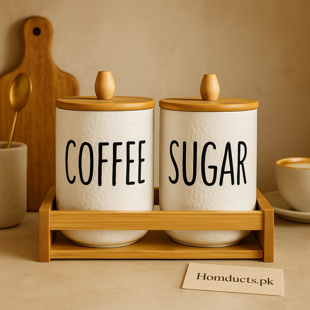 Premium Coffee & Sugar Jar Set with Bamboo Stand – Modern Kitchen Storage Containers | Homducts.pk