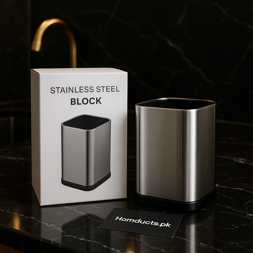 Luxury Stainless Steel Utensil Holder Block – Rust-Proof Countertop Organizer for Kitchen & Office