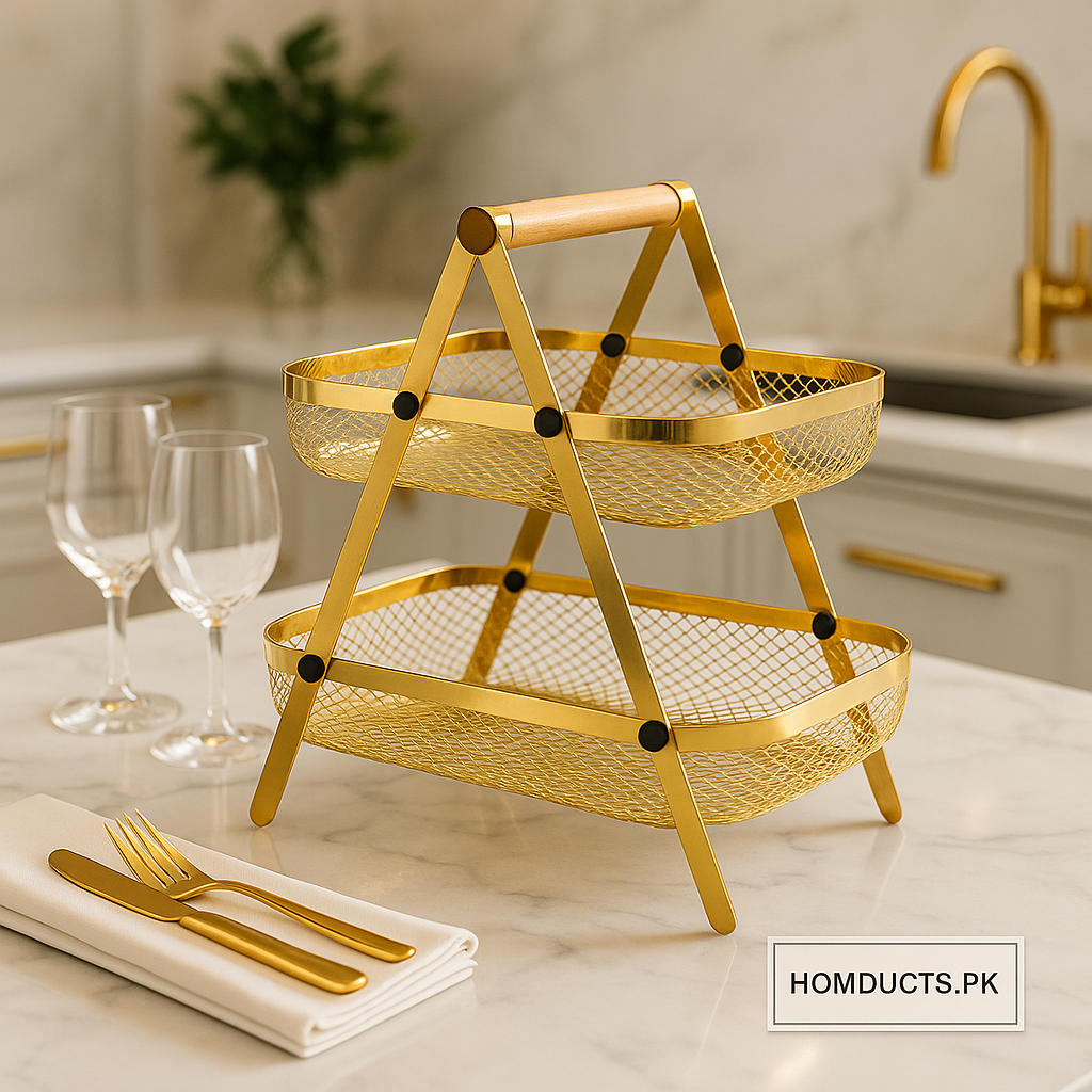 2-Tier Golden Mesh Storage Basket with Wooden Handle – Multipurpose Organizer Stand