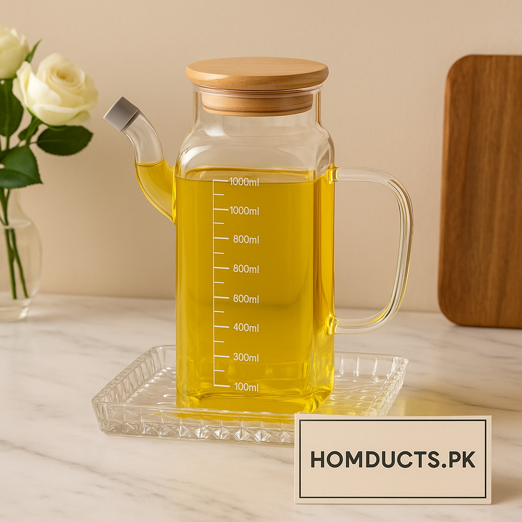 Luxury Glass Oil Dispenser with Wooden Lid – 1000ml (33.8oz) Premium Kitchen Container
