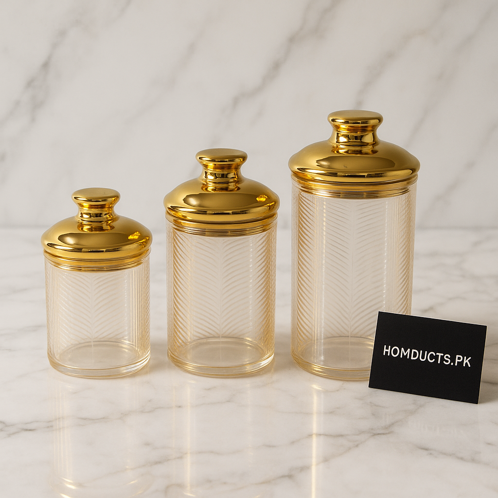 Luxury Acrylic Storage Jar Set with Golden Lids – 3 Sizes