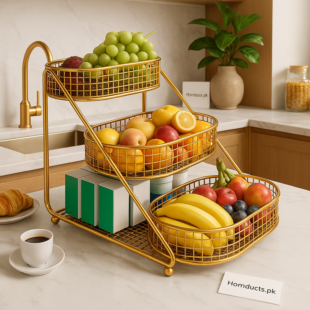 3-Tier Gold Metal Fruit Basket Stand – Luxury Kitchen & Countertop Storage Organizer