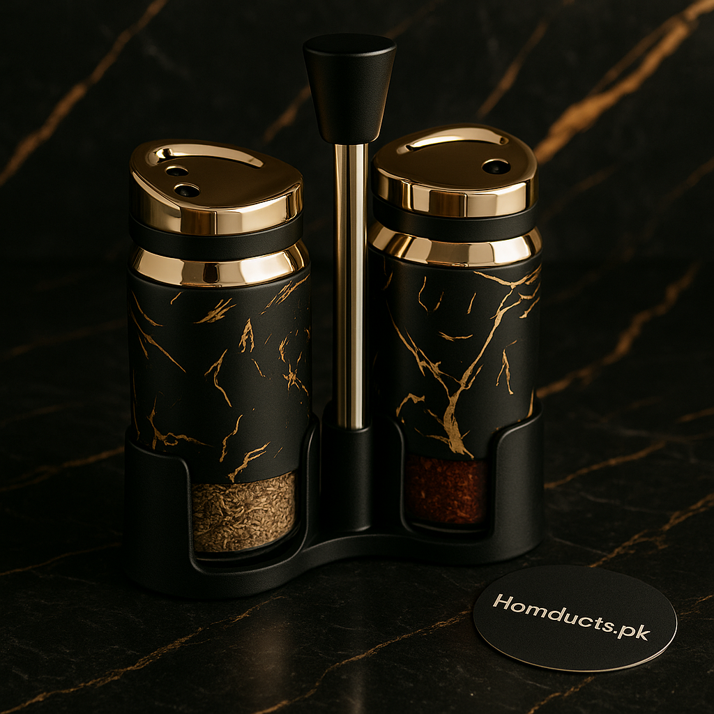 Luxury Black & Gold Marble Spice Shaker Set with Stand – Elegant Salt & Pepper Dispenser for Kitchen & Dining