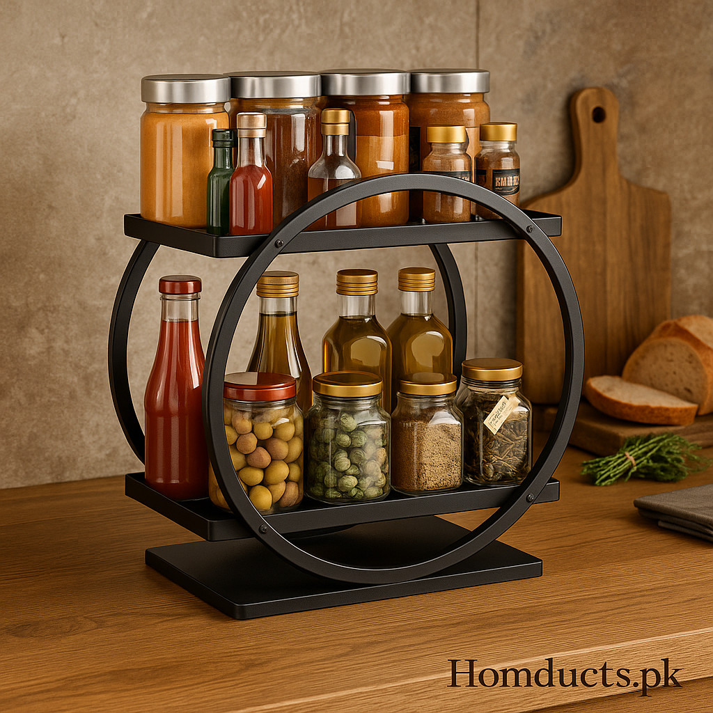 Luxury 2-Tier Round Spice & Condiment Rack – Black Metal Kitchen Organizer Stand