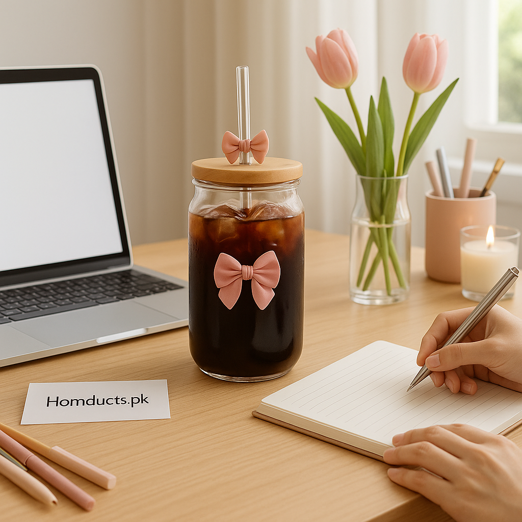 🎀 Aesthetic Glass Jar with Bamboo Lid & Straw
