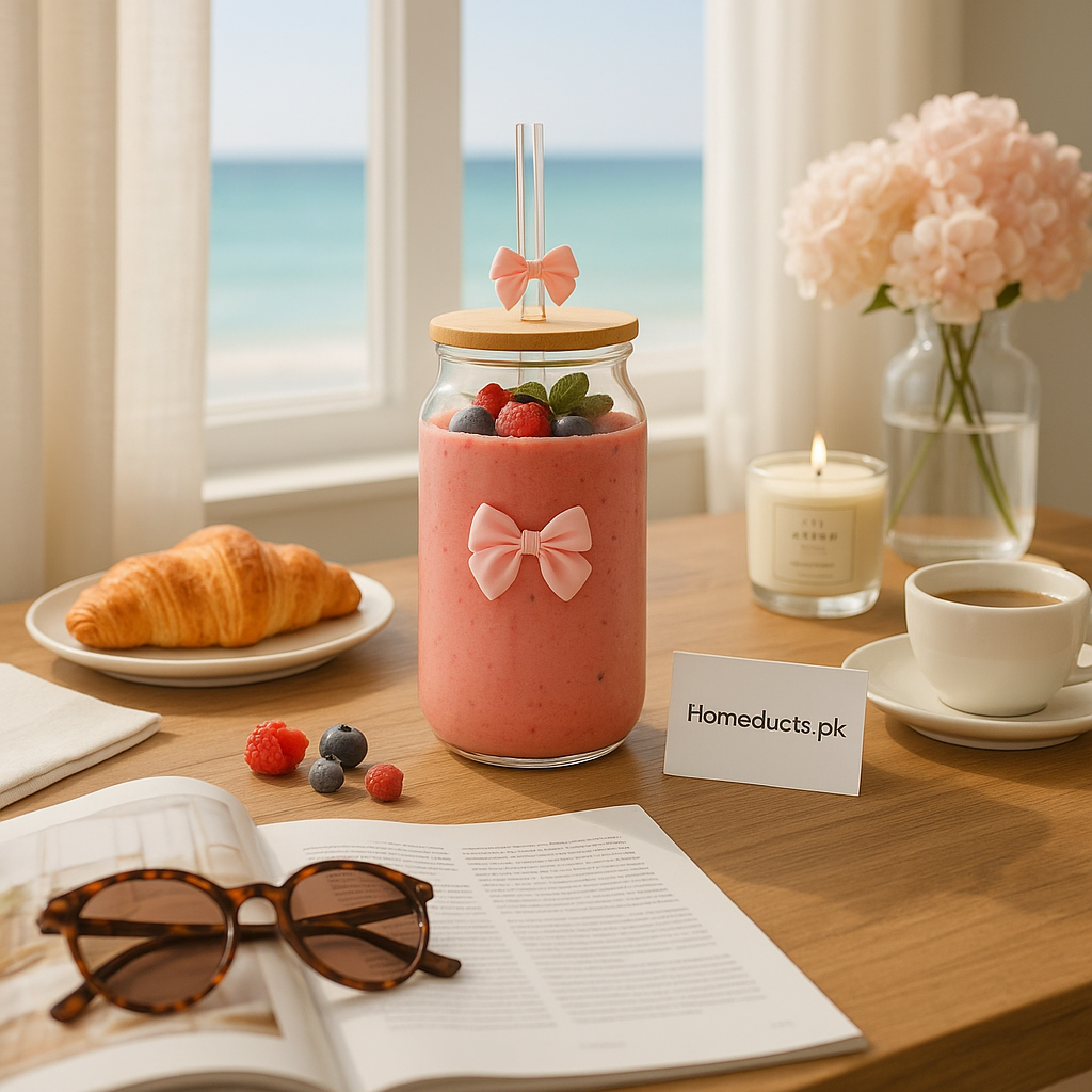 🎀 Aesthetic Glass Jar with Bamboo Lid & Straw