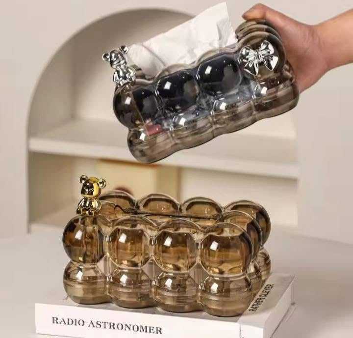 Transparent Luxury Bubble Tissue Box with Chrome Bunny & Bow Design