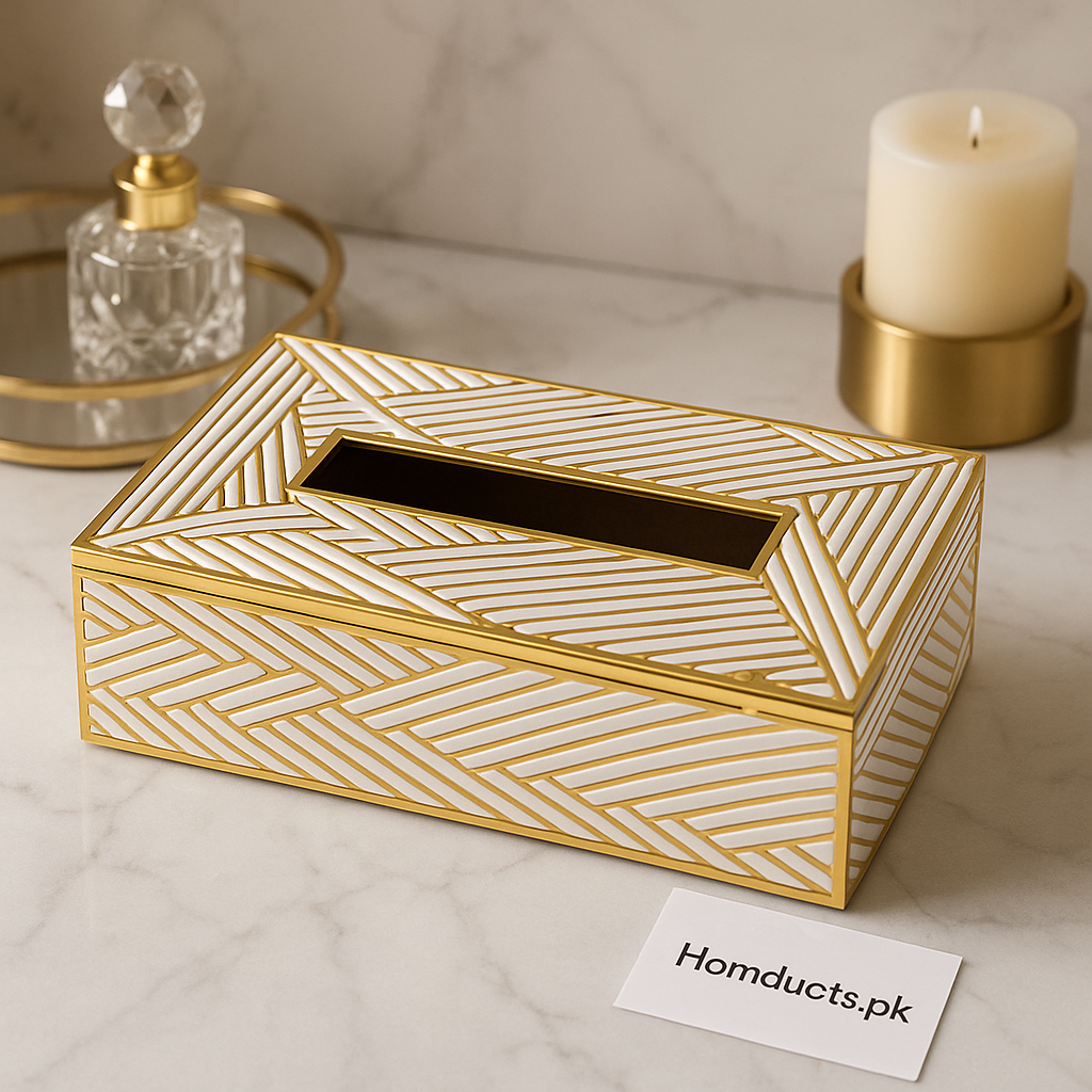 Luxury Gold-Trim Geometric Tissue Box – Elegant Decorative Organizer