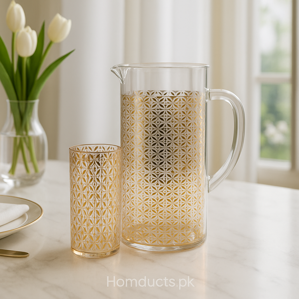 Golden Luxe Acrylic Jug Set with 6 Glasses – Elegant Floral Design