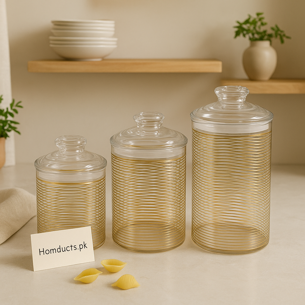 Golden Spiral Glass Storage Jar Set (3 Pcs) – Premium Airtight Containers
