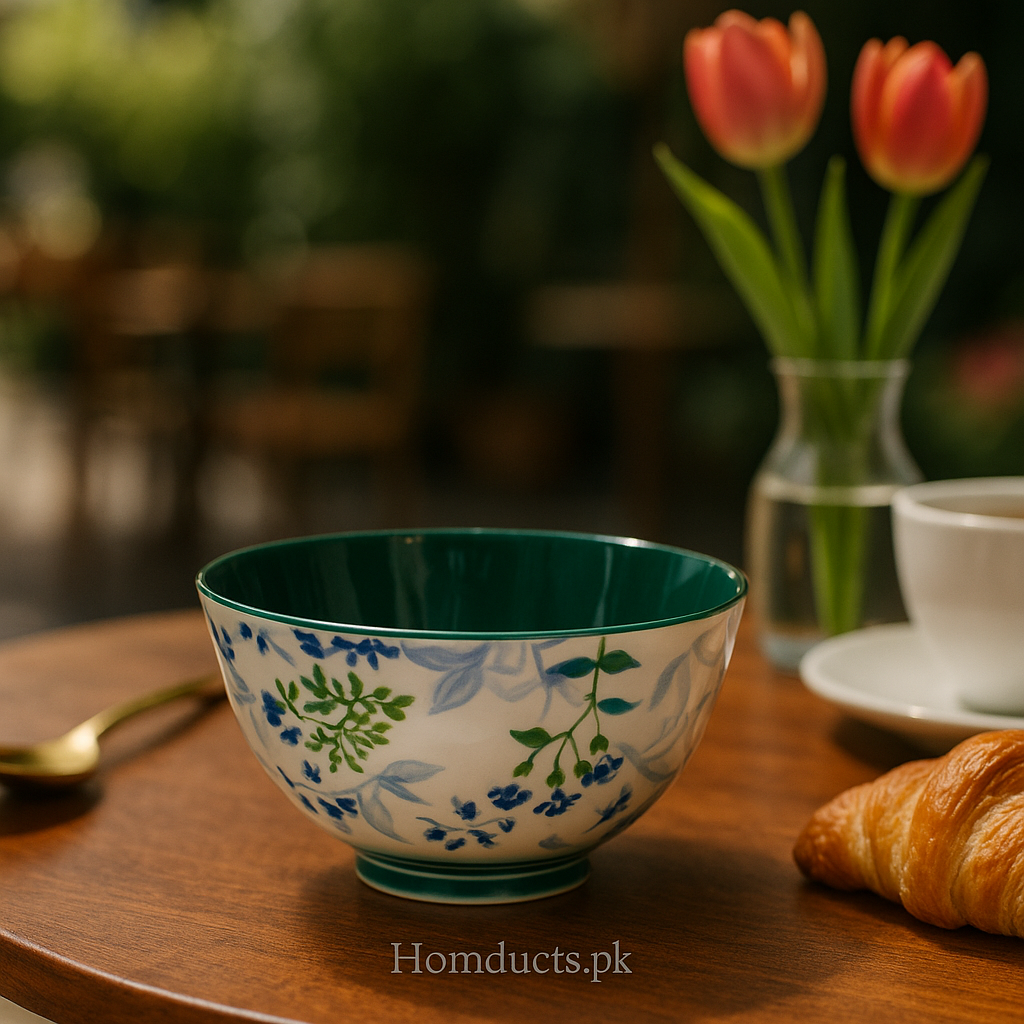 Brilliant Floral Ceramic Soup & Cereal Bowl – Luxury Green Glazed Interior