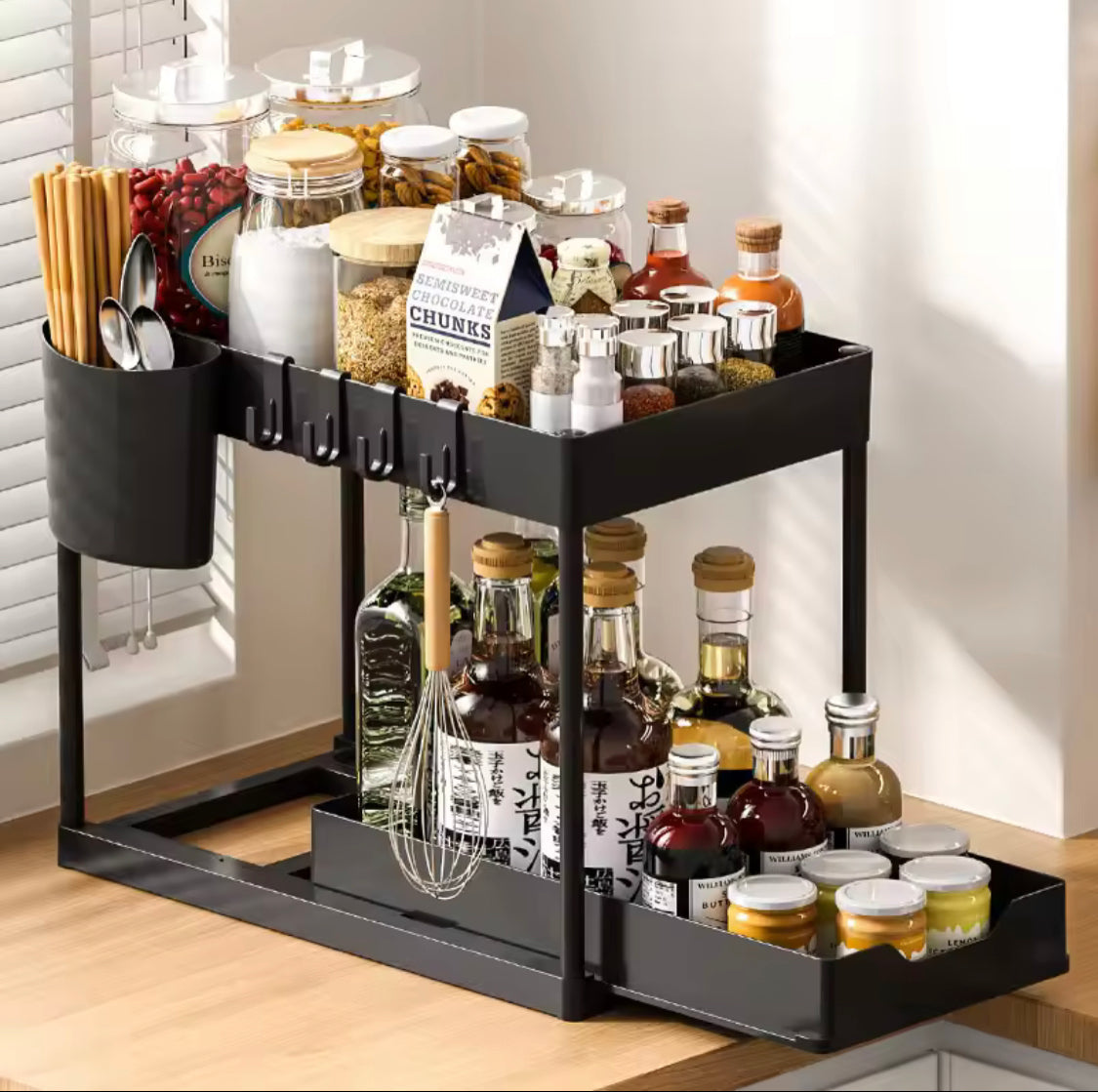 Luxury Sliding 2-Tier Black Kitchen Organizer Rack – Premium Countertop Storage Shelf