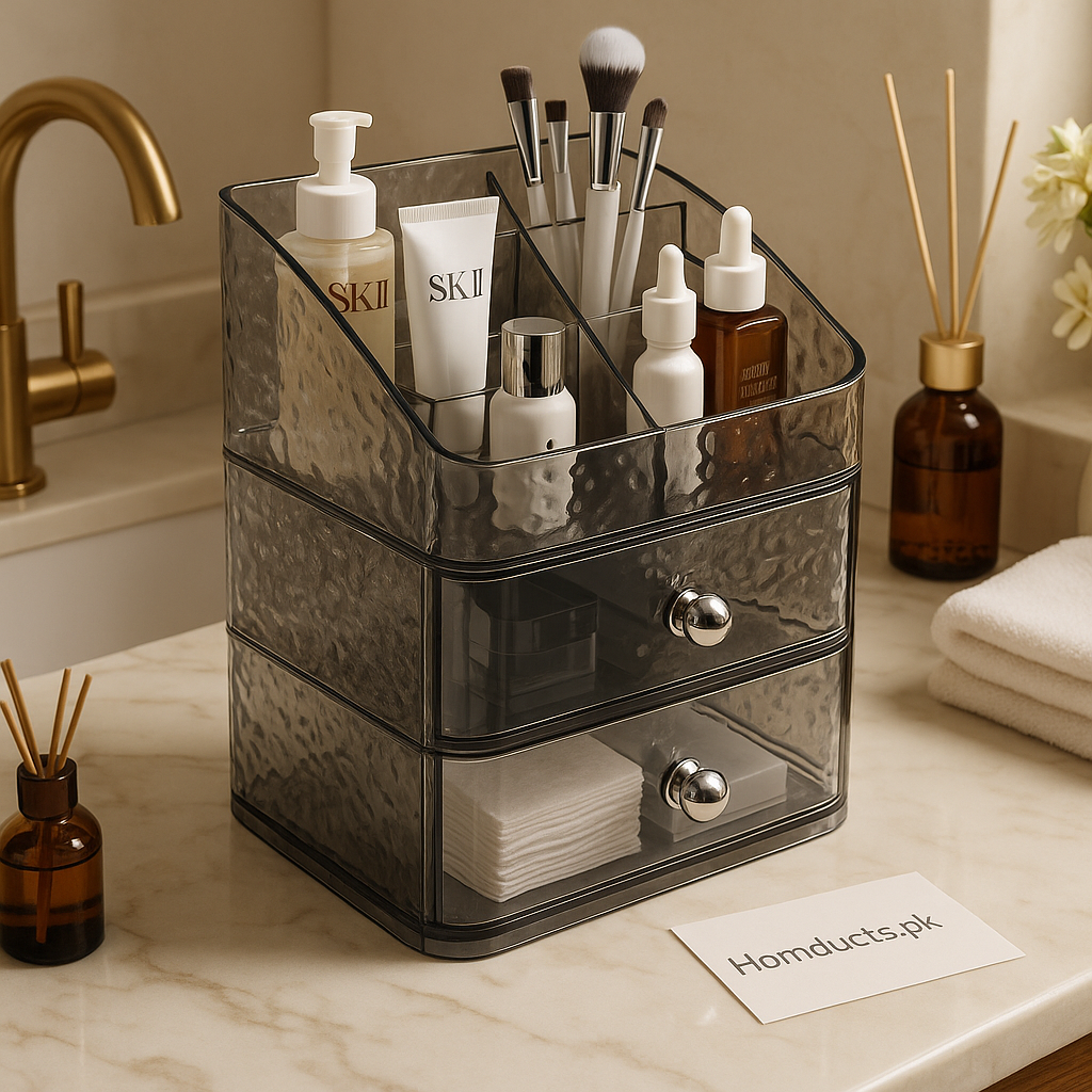 Luxury Smoky Acrylic Makeup Organizer with 2 Drawers – Premium Cosmetic Storage Box