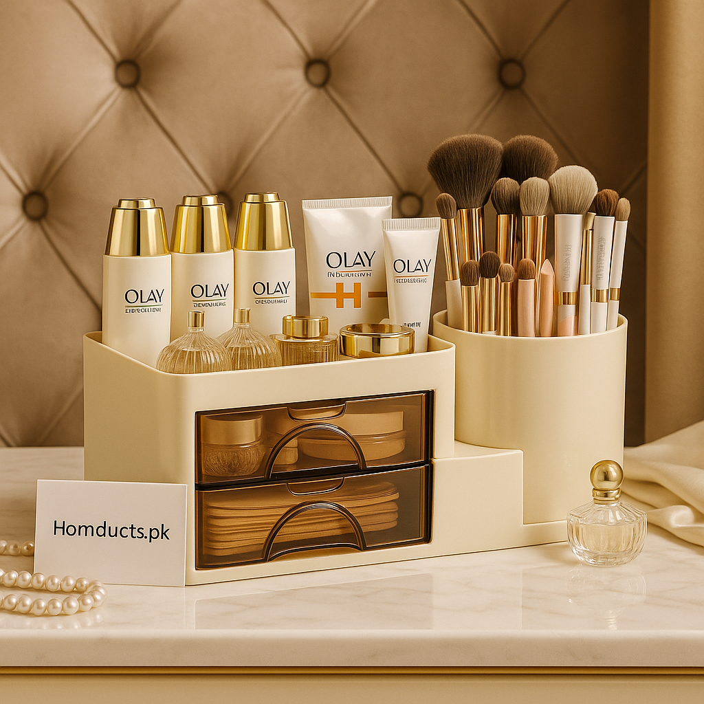 Luxury 2-Tier Cosmetic Organizer with Drawers & Brush Holder – Elegant Vanity Storage Box