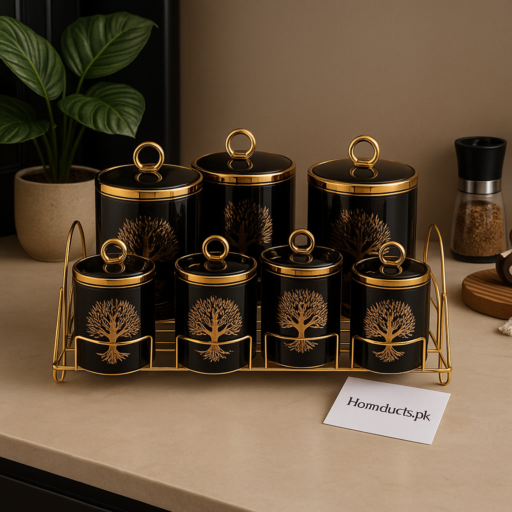 Luxury Black & Gold Ceramic Kitchen Canister Set – 7 Pcs Spice & Storage Jars with Golden Rack | Homducts.pk
