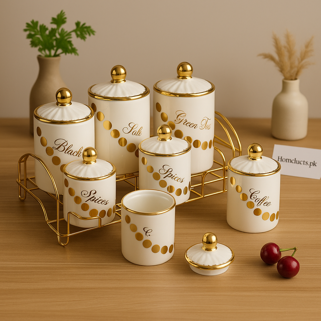 Luxury 8-Piece Ceramic Kitchen Canister Set with Golden Lid & Metal Stand – Spice, Tea, Coffee & Storage Jars