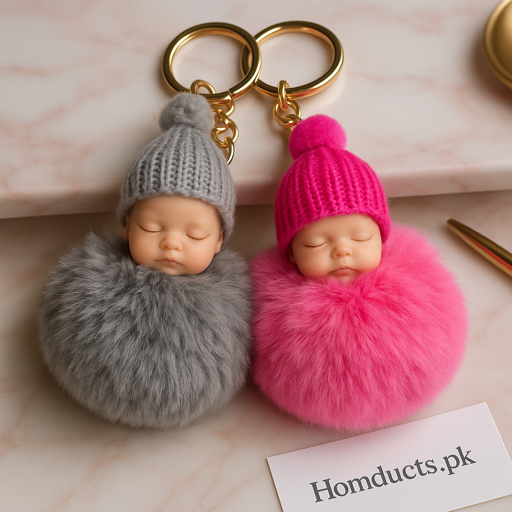 Cute Baby Pom-Pom Keychain – Fluffy Plush Doll Bag Charm with Knitted Cap