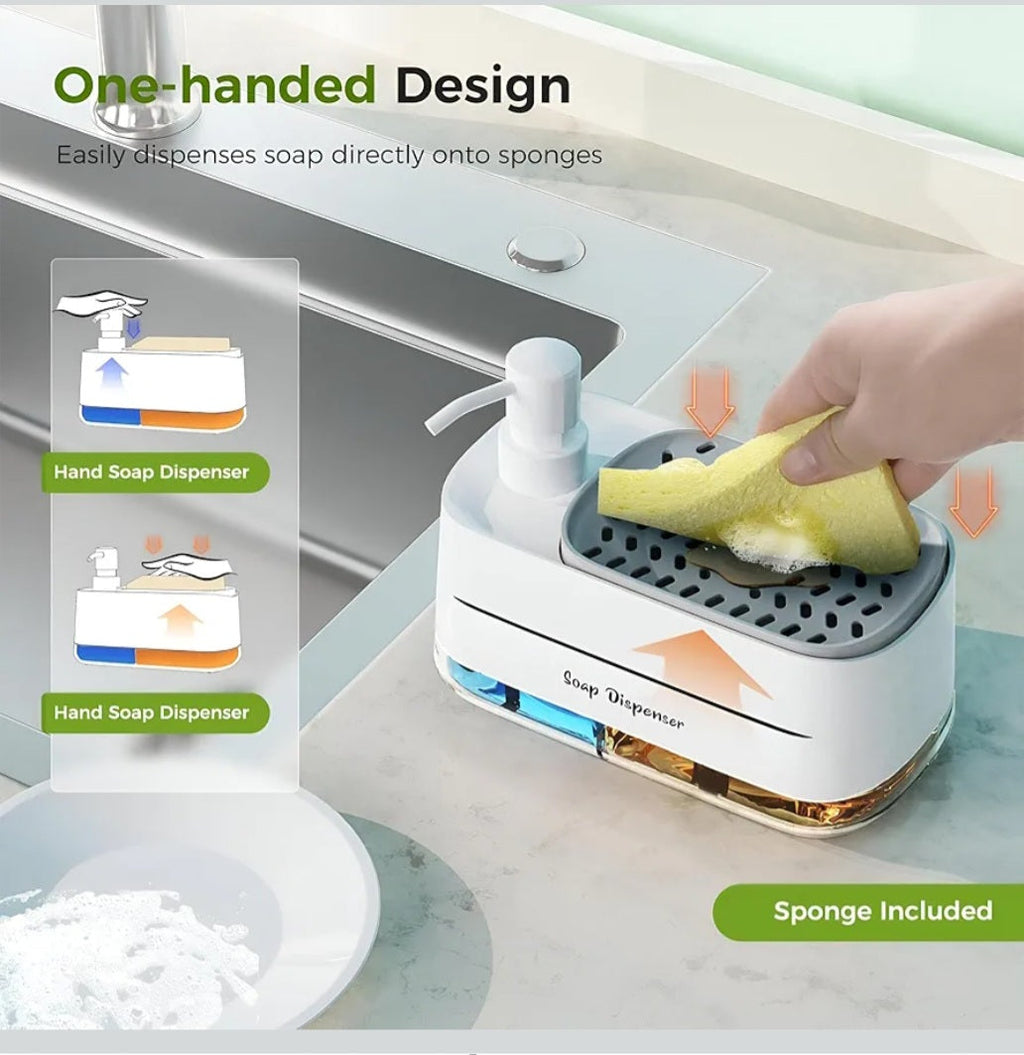 Kitchen Dishwashing Soap Dispenser with Dual Compartments & Sponge Tray