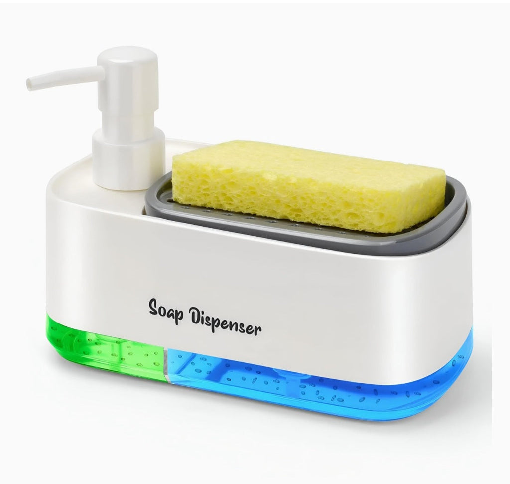 Kitchen Dishwashing Soap Dispenser with Dual Compartments & Sponge Tray