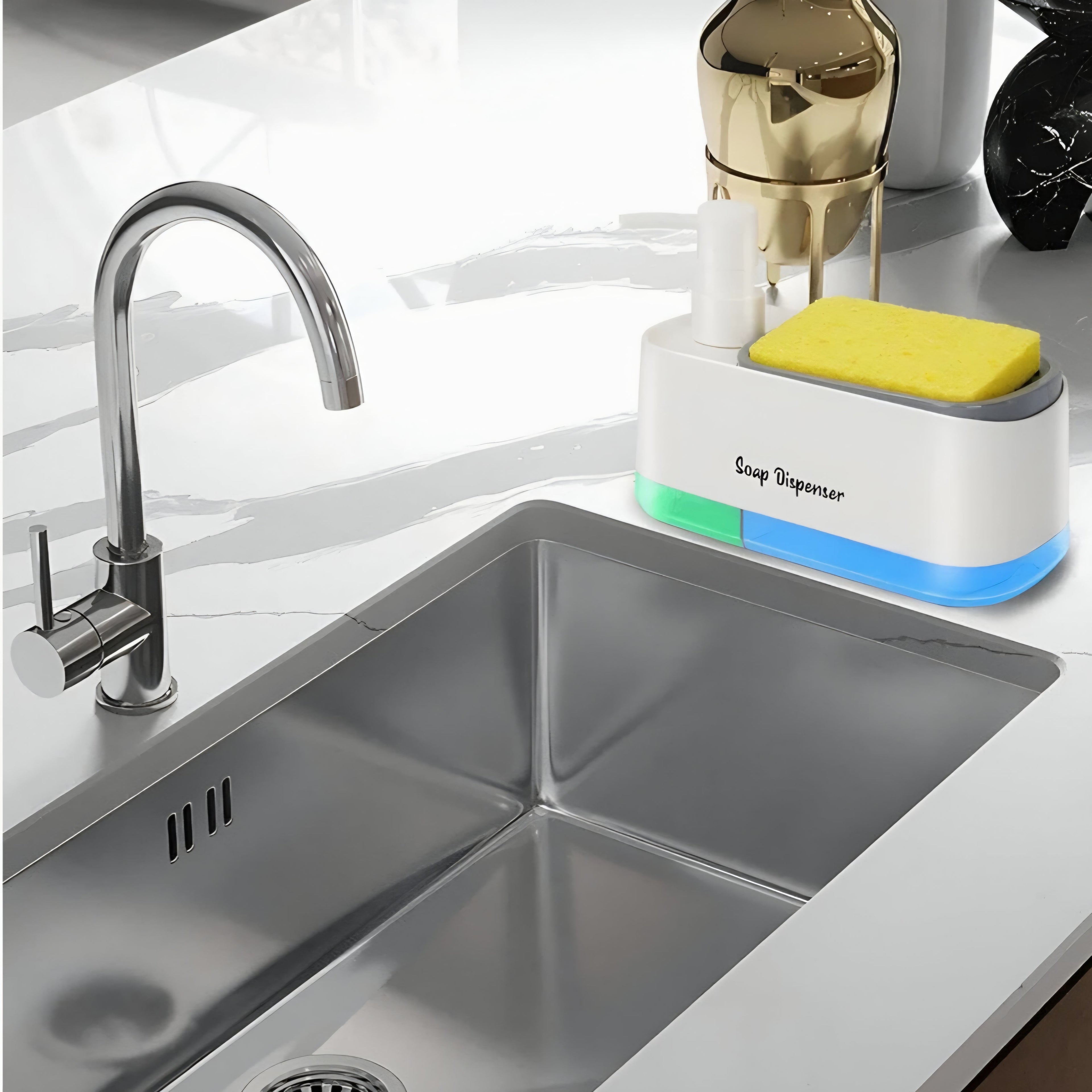 Kitchen Dishwashing Soap Dispenser with Dual Compartments & Sponge Tray