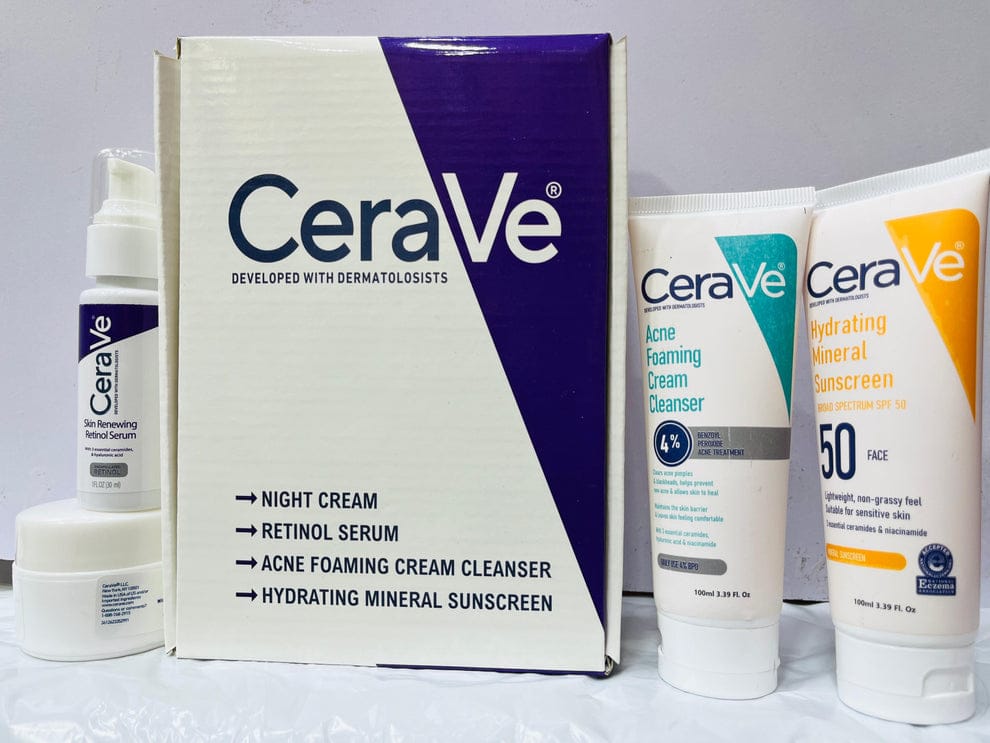 CeraVe Skincare Set – Night Cream, Retinol Serum, Acne Foaming Cream Cleanser, and Hydrating Mineral Sunscreen SPF 50 – Dermatologist Developed