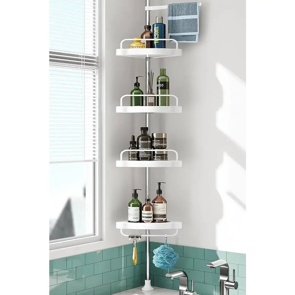 Adjustable Corner Shower Caddy with 4 Tiers – Tension Pole Bathroom Organizer Shelf for Shampoo, Soap & Toiletries Storage