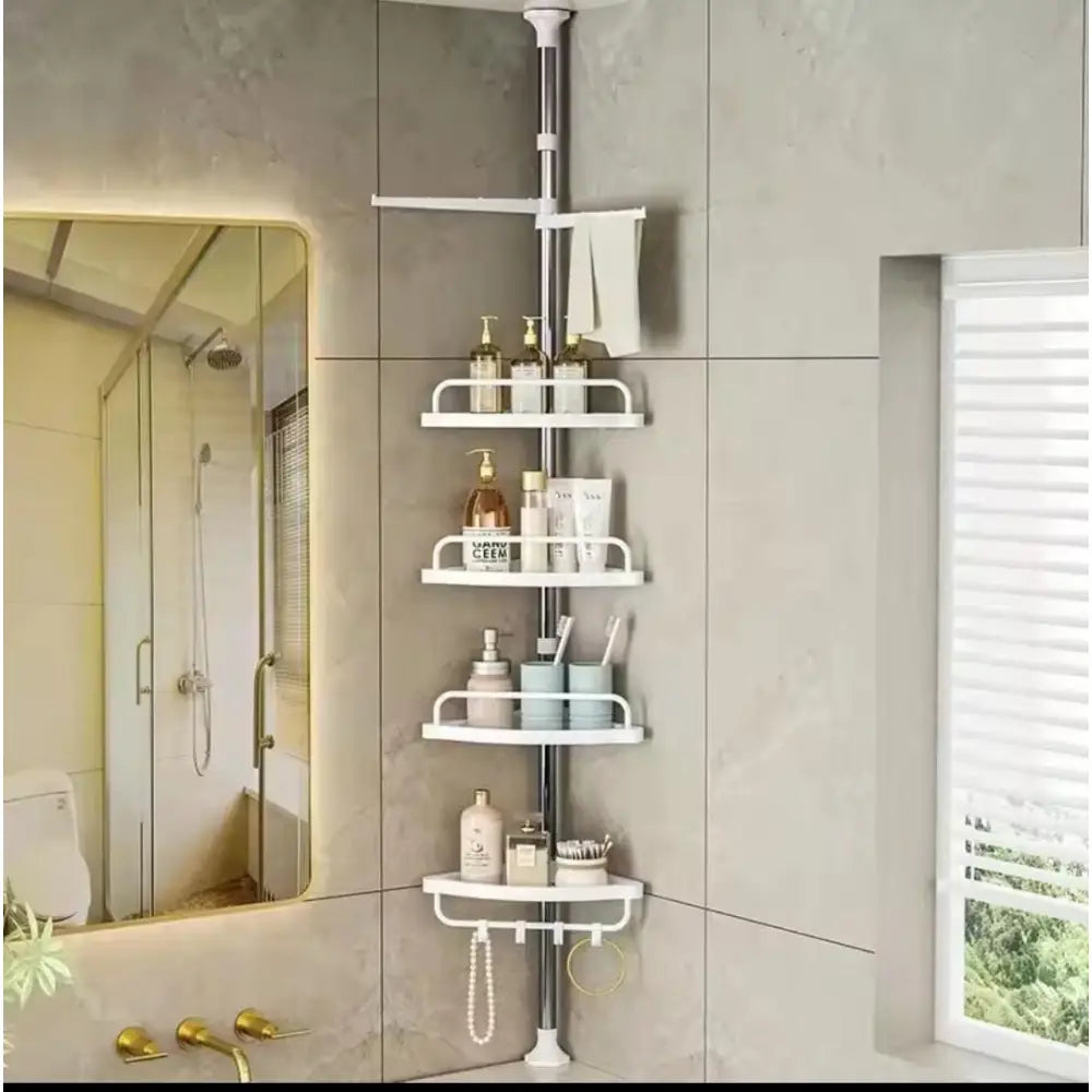 Adjustable Corner Shower Caddy with 4 Tiers – Tension Pole Bathroom Organizer Shelf for Shampoo, Soap & Toiletries Storage