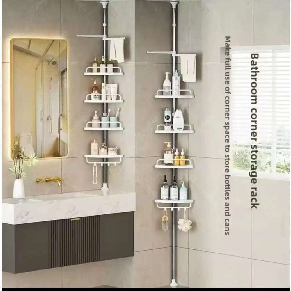 Adjustable Corner Shower Caddy with 4 Tiers – Tension Pole Bathroom Organizer Shelf for Shampoo, Soap & Toiletries Storage