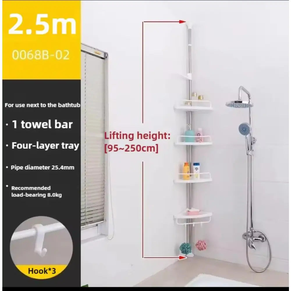 Adjustable Corner Shower Caddy with 4 Tiers – Tension Pole Bathroom Organizer Shelf for Shampoo, Soap & Toiletries Storage