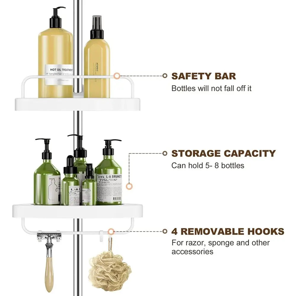 Adjustable Corner Shower Caddy with 4 Tiers – Tension Pole Bathroom Organizer Shelf for Shampoo, Soap & Toiletries Storage