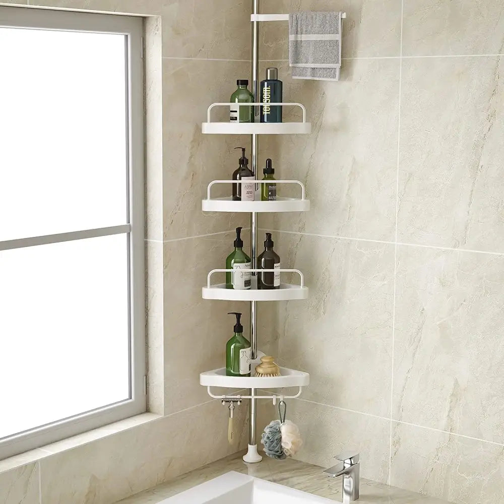 Adjustable Corner Shower Caddy with 4 Tiers – Tension Pole Bathroom Organizer Shelf for Shampoo, Soap & Toiletries Storage