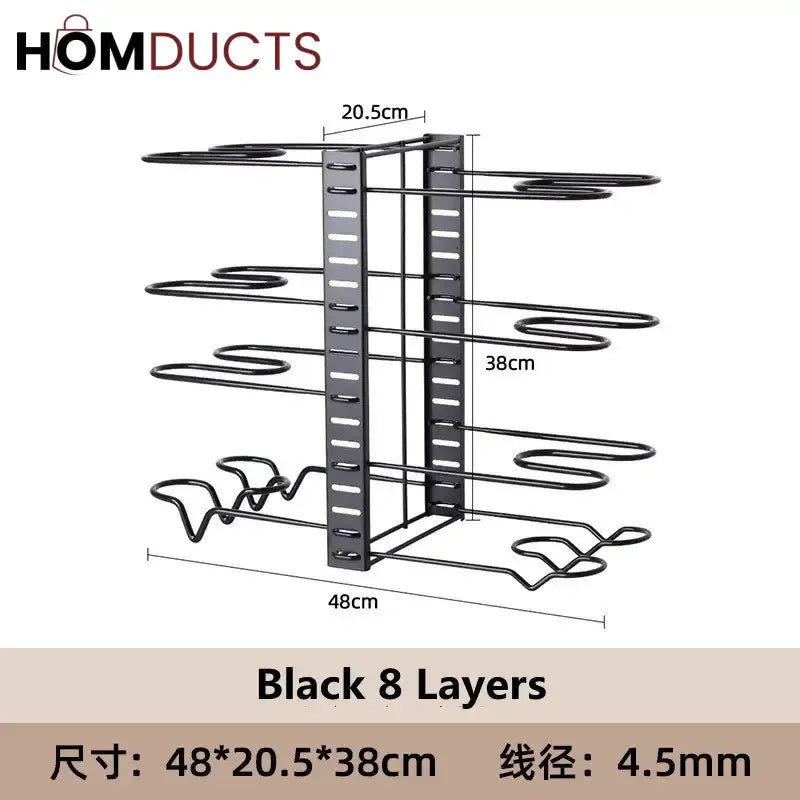 Adjustable Heavy-Duty Pot and Pan Organizer Rack – 8-Tier Kitchen Cookware Storage Stand for Lids & Skillets